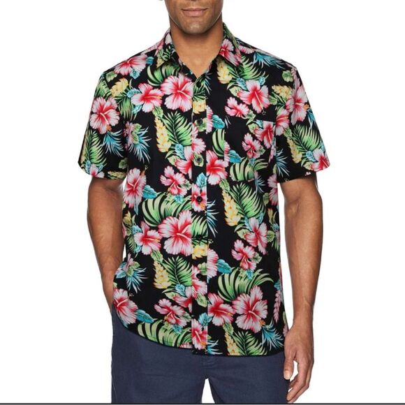 Other - Unbranded Black Neon Floral Hawaiian Shirt Men’s Size M